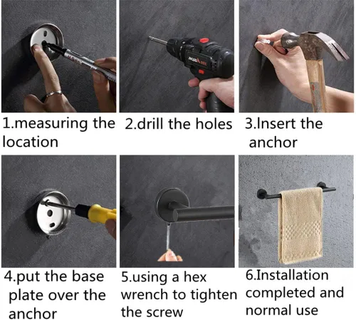 Miniatura 7 de szhdxsy - Juego de 6 accesorios de baño negro mate, soporte para toallas de acero inoxidable SUS 304 montado en la pared, incluye toallero de 16