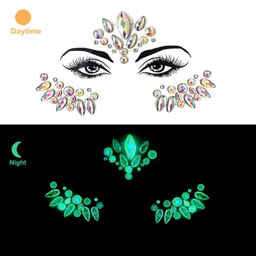 Miniatura 5 de Gemas faciales 4 hojas de joyas para la cara pegadas en diamantes de imitación, calcomanías de cristal luminoso, piedras preciosas temporales
