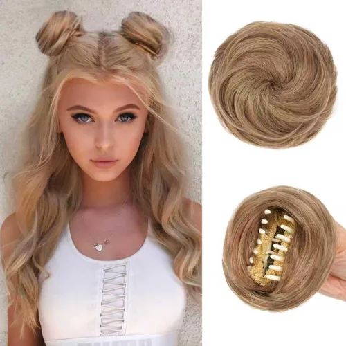 2 extensiones de moño de pelo sintético para mujer, mini moños naturales con clip, extensiones de cabello para mujer, moño desordenado, para uso