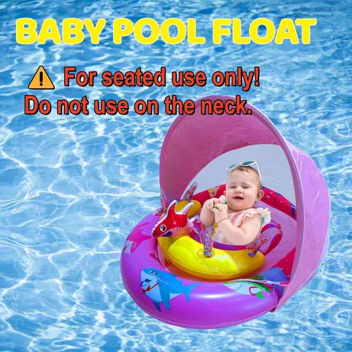 Miniatura 2 de Flotador inflable de piscina para bebés con toldo de protección solar UPF50+, asiento de seguridad ajustable y consola de juegos interactiva
