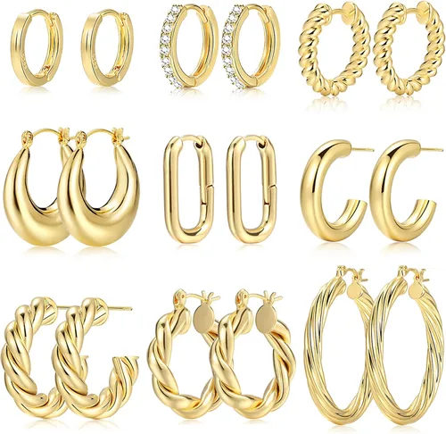9 pares de aretes de aro de oro para mujer, chapados en oro de 14 quilates, ligeros, gruesos, trenzados, para regalo, Latón, No es una piedra