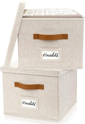 Miniatura 9 de Caja organizadora de archivos decorativa, juego de 2 – Archivadores plegables de lino con asas son perfectos para almacenar todos tus documentos