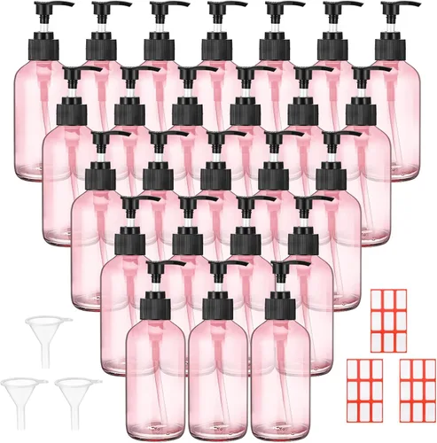 Miniatura 9 de Tanlade 24 botellas de bomba de vidrio de 8 onzas, botella vacía, dispensador de jabón de vidrio con bomba, recipientes recargables y embudos