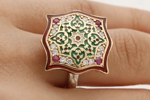 Miniatura 5 de Motif Style Turkish Handmade All Authentic Jewelry Red Enamel Round Cut Ruby Topaz 925 Sterling Silver Ring Size All