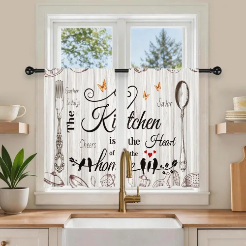 Miniatura 12 de Barn Door Printed Polyester Short Kitchen Curtains 27.5" W x 36" L, Rod Pocket Rustic Wood Door Curtains, Small Decorative Window Curtains for