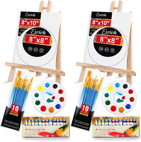 ESRICH Juego de lienzo de pintura acrílica, kit de 52 piezas de suministros de pintura profesional con 2 caballetes de madera, 2 x 12 colores, 2 x