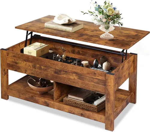 Miniatura 8 de WLIVE - Mesa de centro con parte superior elevable de 47", mesa de centro con compartimento oculto y 2 estantes de almacenamiento para sala de Roble