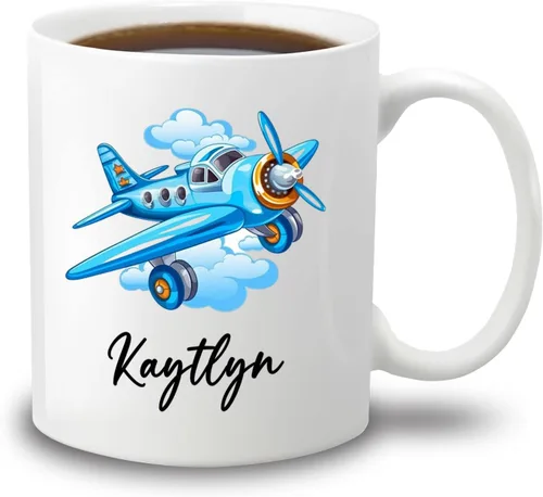 Taza de café de avión personalizada con nombre de los niños, taza de café de avión personalizada de 11 onzas y 15 onzas, taza de cerámica blanca de