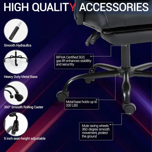 Miniatura 8 de Silla de juegos con reposapiés para adultos, silla de videojuegos de carreras de piel sintética con soporte lumbar, para hombres y mujeres, silla