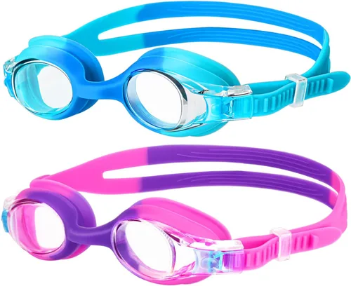 Kids Swim Goggles 2 Pack, Anti Fog No Leak Swimming Goggles for Boys Girls Ages 6-14, Wide View Swim Goggles Kids Azul y morado rosa