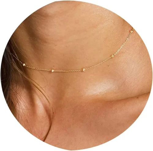 Tewiky - Collar de cadena de oro para mujer, enchapado en oro de 14 quilates, con cuentas finas de onda, gargantilla minimalista de oro