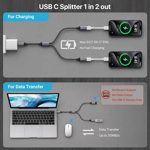 Miniatura 3 de KiwiBird Divisor USB C de carga de 1 en 2 salidas, cable de extensión y divisor de datos de alimentación USBC, tipo C macho a puerto USB C hembra