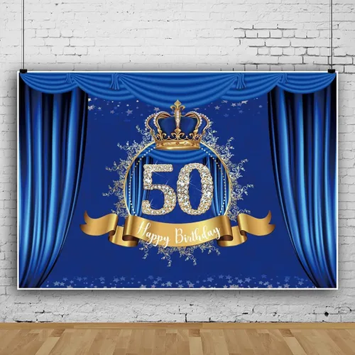 Miniatura 3 de Telón de fondo de feliz cumpleaños 50 años, cortina azul real de lujo, corona azul dorado, fondo fotográfico, celebración de cumpleaños de niño
