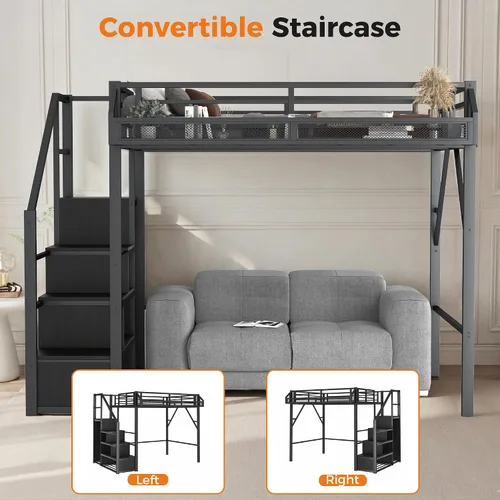 Miniatura 3 de Cama tipo loft de tamaño matrimonial con escaleras de almacenamiento integradas, armario, marco de cama alta de metal con barandilla lateral