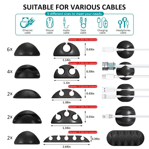 Miniatura 6 de Paquete de 16 cables de escritorio negros, organizador de cables ajustables, organizador de cables para cables, cargador de teléfono/PC/TV, soporte