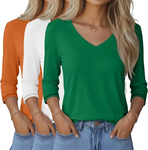 Miniatura 25 de Ficerd Paquete de 3 camisetas de manga 3/4 para mujer, cuello en V, blusas holgadas, blusas casuales, ropa de moda 2026