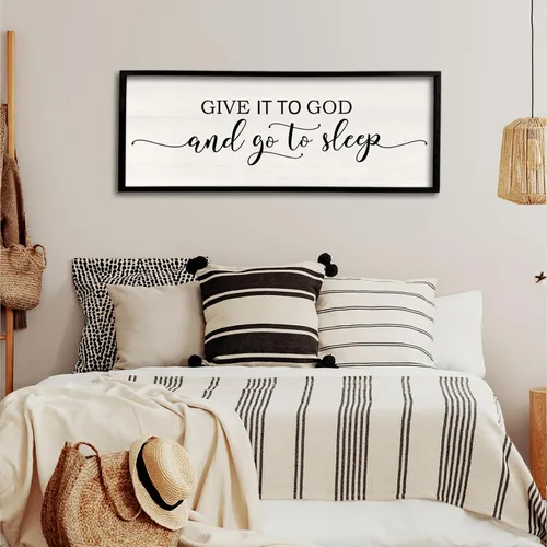 Miniatura 19 de Letrero de decoración de pared con texto en inglés «Give It To God And Go To Sleep», 32 x 12 pulgadas, para dormitorio principal sobre la cama