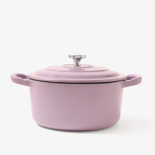 RJ Legend Horno holandés de hierro fundido pre-sazonado de 1.9 cuartos de galón con asa, esmaltado, morado Púrpura