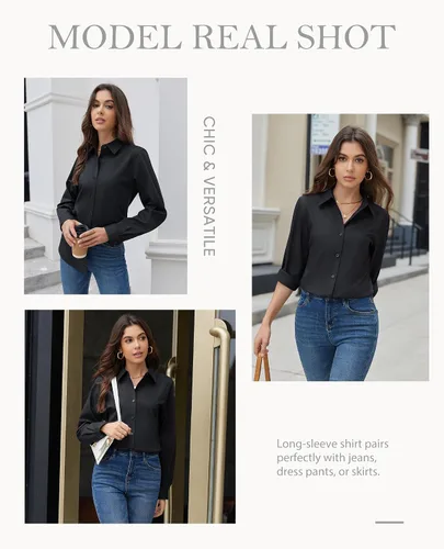 Miniatura 6 de siliteelon Camisas con botones para mujer, camisa de vestir de algodón de manga larga con cuello, camisa de negocios, trabajo, oficina, blusa