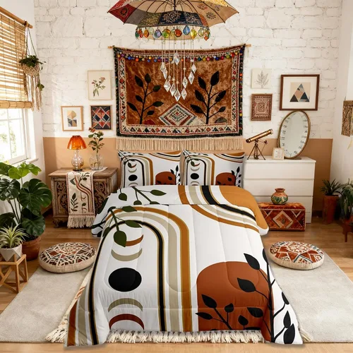 Miniatura 2 de Juego de edredón bohemio para niños, tamaño individual, juego de ropa de cama geométrica de hojas de sol, luna y plantas, decoración de habitación