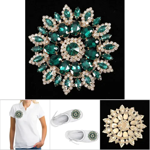 Miniatura 5 de Broche de flores de diamantes de imitación de cristal, base de oro verde para mujer, broche de ramillete grande de 4.3 in, bolso de bufanda