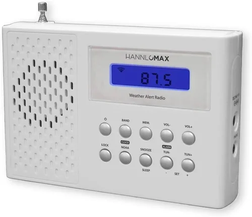 HANNLOMAX HX-512R Radio portátil de banda AM/FM/clima, reloj despertador, pantalla LCD, conector para auriculares. (blanco)