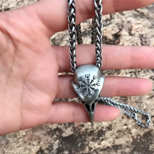 Miniatura 2 de NJ - Collar de calavera de cuervo vikingo, acero inoxidable, retro, peltre y cuervos, lanza nórdica, vikingo nórdico, runa nórdica, colgante gótico