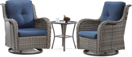 Juego de 2 sillas de patio giratorias de 360 grados para exteriores y mesa auxiliar a juego – 3 sillas deslizantes de mimbre para patio con cojines