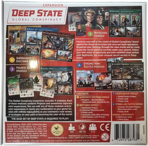 Miniatura 2 de CrowD Games Deep State: Global Conspiracy Expansión del juego de mesa Edades 14 en adelante 1 – 5 jugadores Tiempo de juego promedio 40–75