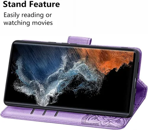 Miniatura 3 de Funda tipo cartera para Samsung Galaxy S23 Ultra 5G, piel sintética de alta calidad con diseño de mariposa en relieve, función atril, ranuras