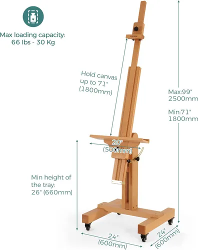 Miniatura 2 de VISWIN Caballete de estudio resistente, soporta lienzo de hasta 71 pulgadas, se inclina plano y móvil, soporte grande ajustable de madera de haya