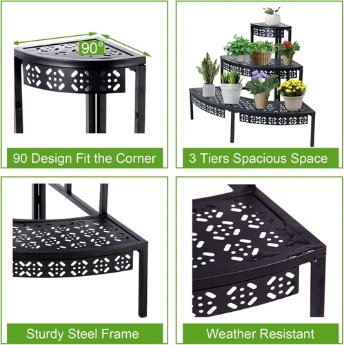 Miniatura 4 de Soporte para plantas de 3 niveles semicircular, estante organizador de macetas de flores de un cuarto redondo, soporte de exhibición de plantas al
