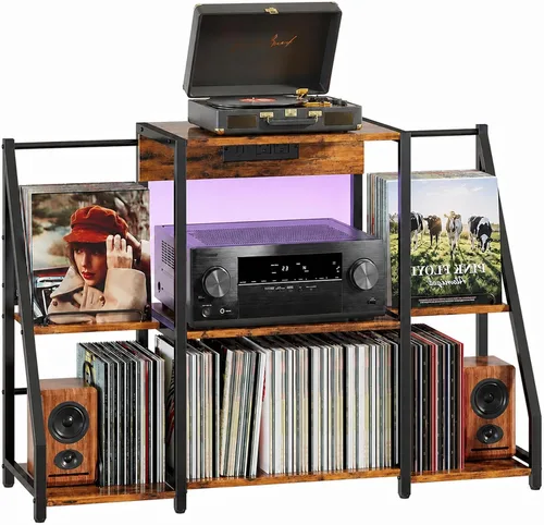 HavenlyYouth Soporte para tocadiscos, mesa de tocadiscos con tomas de corriente y luz LED, capacidad para hasta 300 álbumes, soporte para