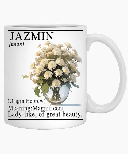 Birth Month Flower Mug Personalized with Any Name Jazmin 11oz White Mug for Mom, Grandma, Sister, Aunt, Friend, Cousin, Birthday, Bridal Party 11 Oz