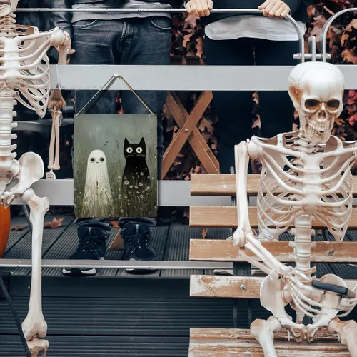 Miniatura 5 de Bonita decoración de Halloween, letrero de puerta de fantasma y gato negro, letrero colgante de madera para interiores, granja, hogar, baño