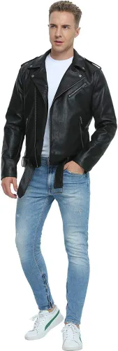 Miniatura 2 de Fahsyee Leather Jackets for Men, Faux Bomber Jacket Men Motorcycle Lapel Asymmetric Zip-Up Blet Slim Fit Biker Coat