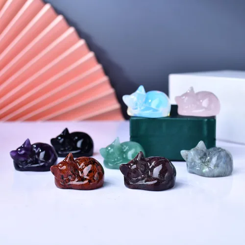 Miniatura 6 de Decoración de cristales de gato de granate natural, estatua de gato dormido, piedras preciosas pulidas de cristal curativo, piedras preciosas