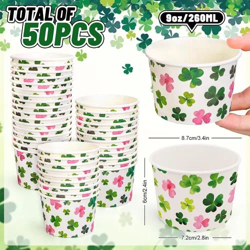 Miniatura 2 de JarThenaAMCS Paquete de 50 cuencos de papel de trébol del día de San Patricio, 9 onzas, aperitivos, helados, sopa, postre, tazones desechables