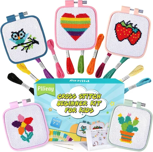 Miniatura 8 de Pllieay 6 kits de punto de cruz para principiantes para niños de 7 a 13 años, kit de bordado para niños, kit de punto de aguja, kit de manualidades