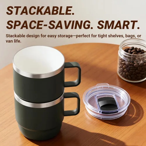 Miniatura 6 de Taza de café pequeña de 8 onzas con tapa deslizante magnética y asa, acero inoxidable 18/8 con forro de cerámica, doble pared aislada al vacío