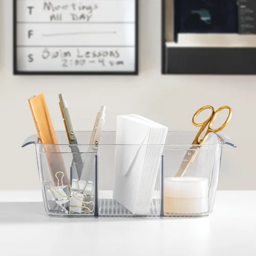 Miniatura 6 de iDesign Organizador de maquillaje para encimera, almacenamiento para cosméticos y artículos de tocador, juego de 2, transparente, fabricado
