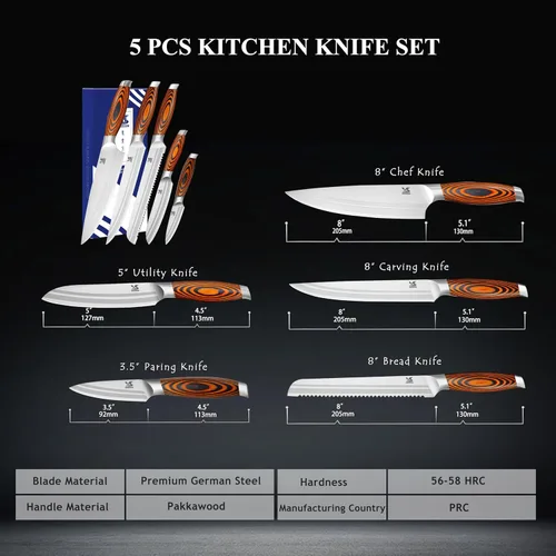 Miniatura 3 de MSY BIGSUNNY Juego de cuchillos de cocina de 5 piezas, cuchillo de cocina profesional alemán de acero inoxidable, serie Tang