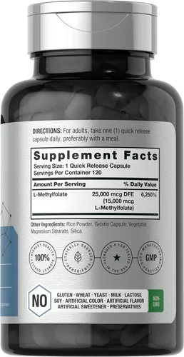Miniatura 2 de Horbäach L metilfolato 15000 mcg 120 cápsulas 15 mg de folato de metilo 5-MTHF Suplemento sin OMG, sin gluten