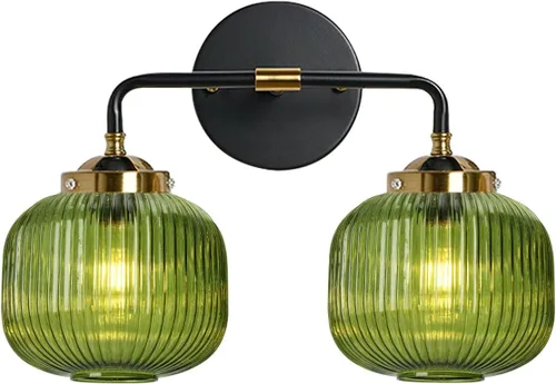 Miniatura 21 de Lámparas de baño de mediados de siglo, aplique de pared de 2 luces con pantalla de vidrio con rayas verdes, luz de montaje en pared, luces modernas