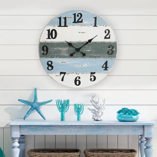 Reloj de pared náutico costero grande de 24 pulgadas, relojes de pared de madera que funcionan con pilas, decoración vintage de granja para sala de