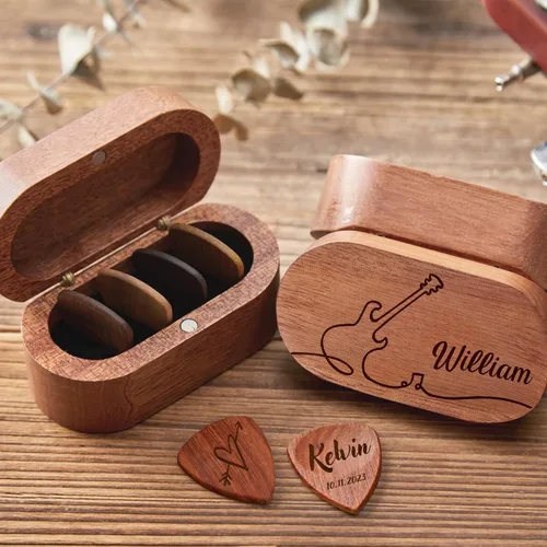 YOJO Soporte personalizado para púas de guitarra, púas de guitarra de madera personalizadas con estuche, nombre grabado, regalo único para él,
