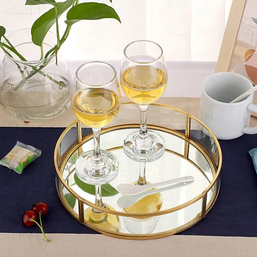 Miniatura 4 de ELLDOO Bandeja decorativa de vidrio redondo dorado, bandeja de joyería de espejo de metal de 9.9 pulgadas, organizador de perfume de maquillaje
