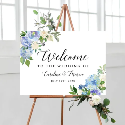 Miniatura 15 de Cartel de bienvenida de boda floral azul claro personalizado, cena de ensayo para parejas, ducha, aniversario, fiesta, póster de bienvenida, lienzo