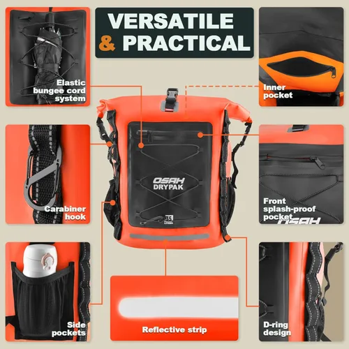 Miniatura 3 de OSAH DRYPAK Mochila Impermeable Bolsa Seca – Mochila de Senderismo con Tapa Enrollable para Viajes, Canotaje, Paseos en Bote, Camping y Pesca