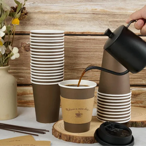 Miniatura 3 de LITOPAK Paquete de 100 tazas de café de papel de 12 onzas con tapas, fundas y palitos de agitación para café, agua o jugo, tazas de papel 12 oz